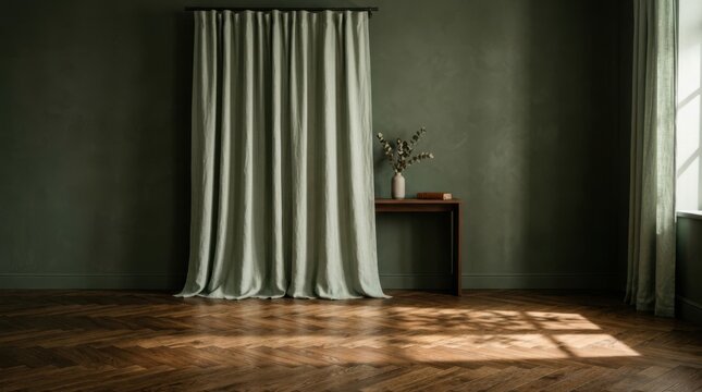 A serene room features draped hanging fabric panels beside a wooden table with a floral arrangement while sunbeams create a pattern across the dark hardwood floor within this tranquil living