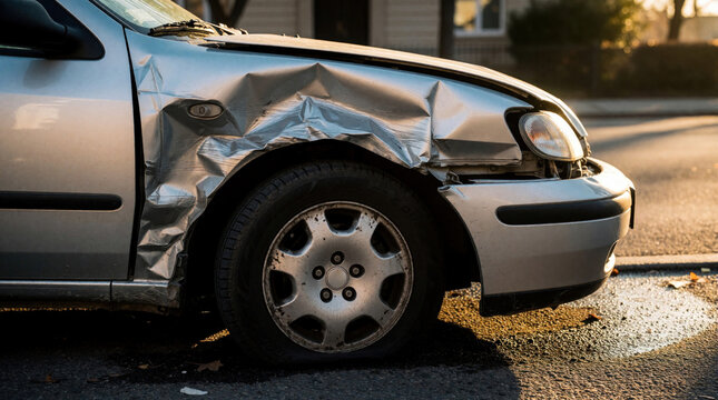 Close up view of damaged silver car after accident. Crumpled metal hood, smashed fender show heavy impact. Broken headlight, dented bumper near wheel at roadside. Vehicle needs expensive repair due