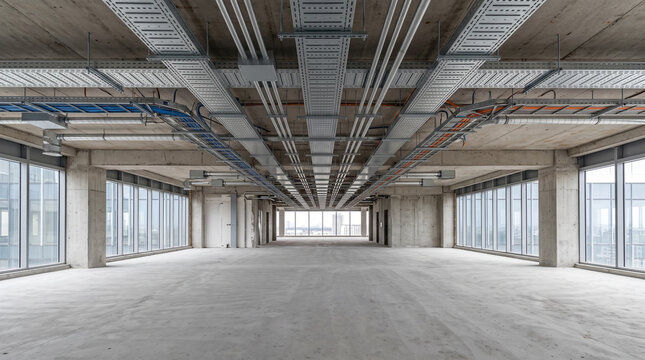 Empty modern commercial office space with exposed ceiling ducts and bright natural lighting