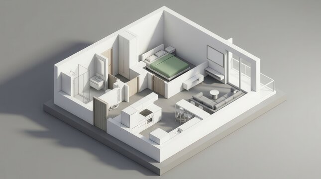 A complete aerial perspective reveals the functional arrangement of this residence featuring a bedroom, bathroom, kitchen area, and living space within a compact yet highly efficient housing