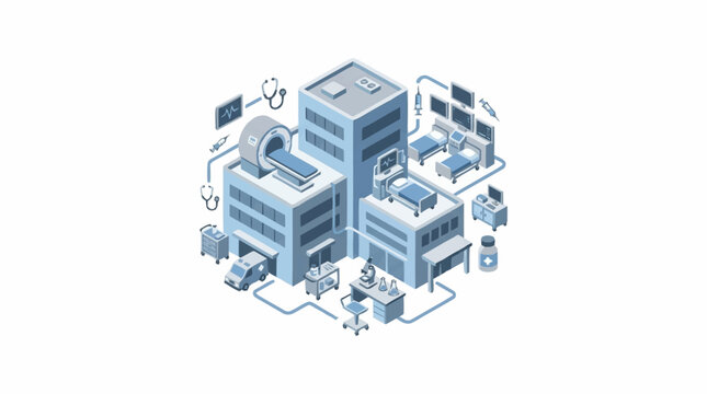 Isometric medical hospital complex building with diagnostic and treatment facilities.