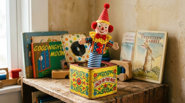 A vintage colorful jack in the box toy sits atop a weathered wooden shelf surrounded by classic children storybooks in a cozy nursery room setting that evokes feelings of nostalgia and childhood