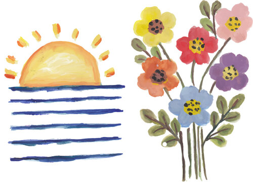 Sun and Flowers Elements Set Hand Drawn Watercolor