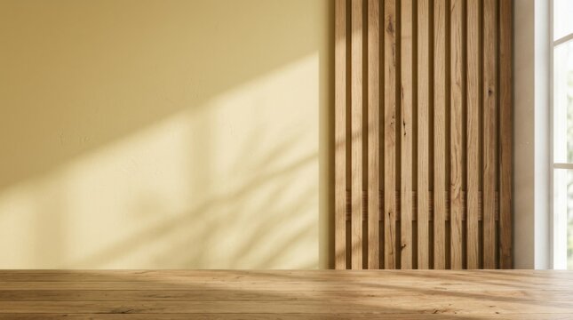Natural sunlight casts long shadows of indoor plants across the beige wall surface next to vertical timber slats and a rustic wooden table top inside this peaceful domestic living space