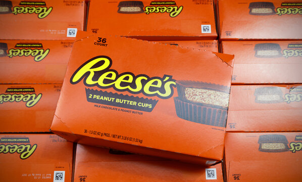 Hershey, Pennsylvania, USA - Aug 19, 2026: Cases of Reese's Peanut Butter Cups candy in Hershey, Pennsylvania on August 19th, 2026. Reese's Peanut Butter Cups are manufactured by The Hershey Company.