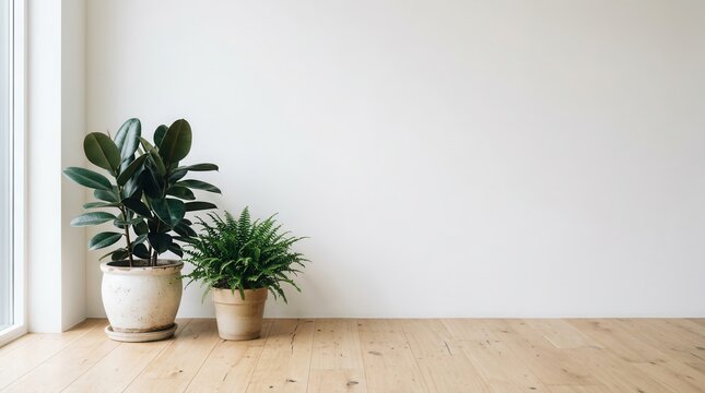 Two lush green indoor plants thrive inside large ceramic pots placed upon light wooden floorboards within a residence filled with natural sunlight streaming through a window during the daytime