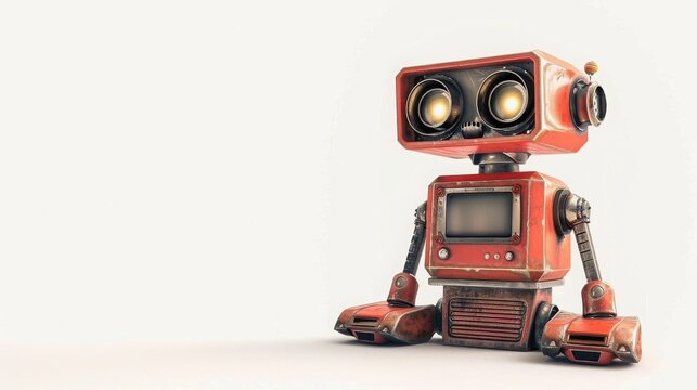Robot toy with retro vintage design and glowing round eyes sits against an isolated bright white studio background.