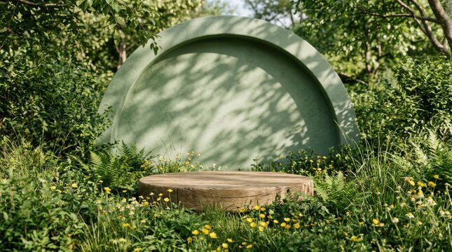 A natural stone pedestal rests amidst lush green foliage and yellow wildflowers under dappled sunlight rays, providing an organic stage for showcasing various merchandise within this tranquil