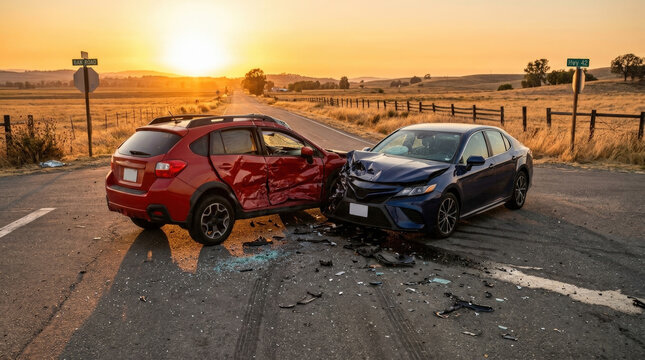 Red suv and blue sedan colliding at intersection of rural highway at sunset with scattered glass parts on cracked paved surface.