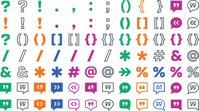 Punctuation marks and typography symbols set with colorful characters vector illustration