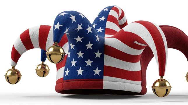 3D jester hat with American flag pattern, gold bells. Patriotic fool cap design with stars, stripes on white background. Festive USA accessory for Fourth July, election season political party