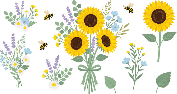 Sunflower and wildflower bouquets vector set with cute bees and botanical elements for summer design