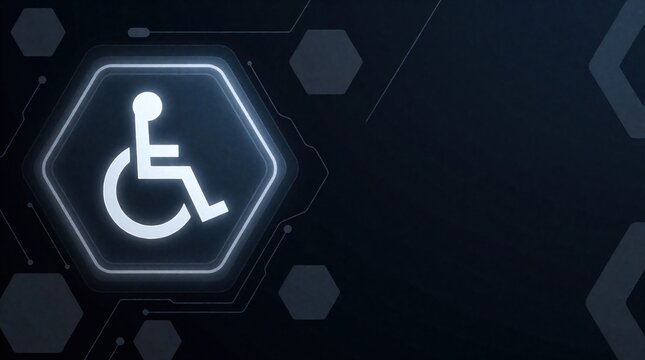 Glowing white accessibility icon inside blue neon hexagon frame on dark digital background. Abstract tech concept for disability inclusion, web compliance. Minimalist geometric design provides wide