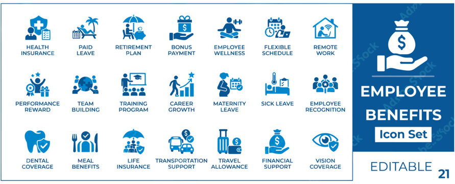 Employee benefits icon set with blue corporate human resources symbols for health insurance and paid leave compensation.