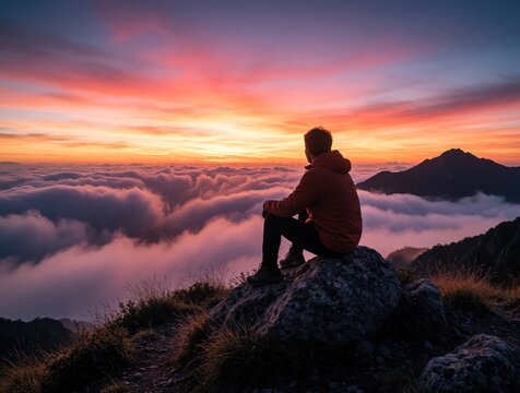 Solitude on summit during sun tanned evening, person sits observing scenery. Individual rests on rocky outcrop, backpack nearby. Dusk glow bathes cloudscape below. Hiker enjoys serene panorama from