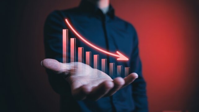 Businessman holding glowing red declining graph chart arrow representing financial loss and economic downturn in digital technology