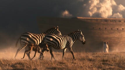 Naklejka premium Zebras with foal walking toward noahs ark in dusty light
