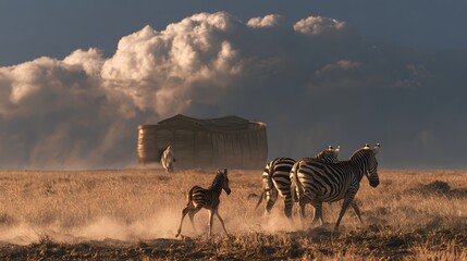 Naklejka premium Zebras running in a field with noahs ark in the background