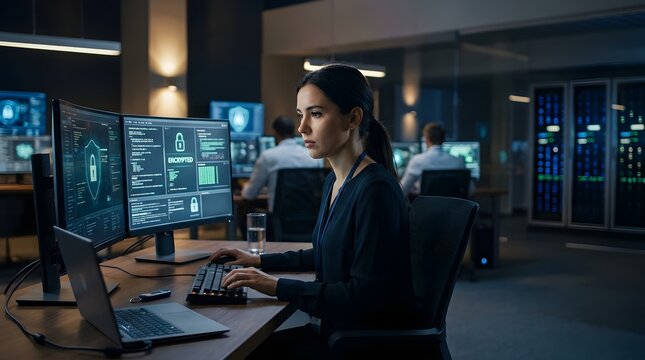 Female professional working at multi-screen workstation in modern control room or data center, monitoring and analysis work, technology and digital industry concept, focused IT or data specialist.