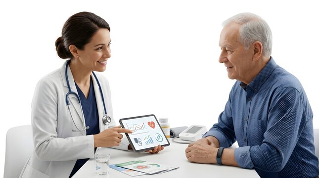 Doctor and patient seated at table discussing medical results on digital tablet, calm professional healthcare consultation, trust and understanding, modern medical practice.