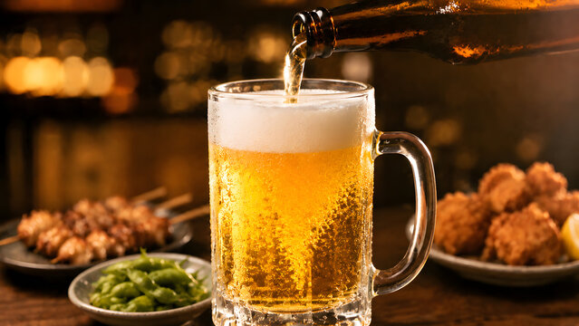 居酒屋で冷えたジョッキに注がれる泡立ち豊かな生ビール
