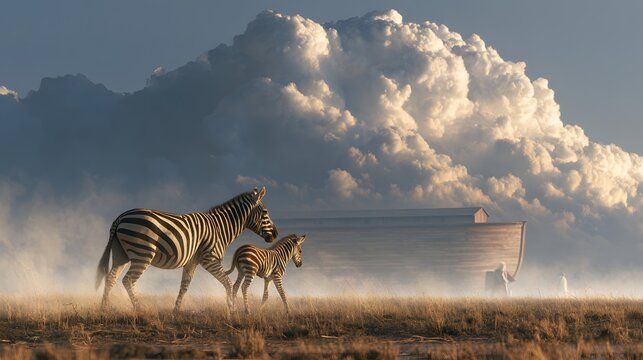 Zebra and foal walking toward noahs ark under massive clouds