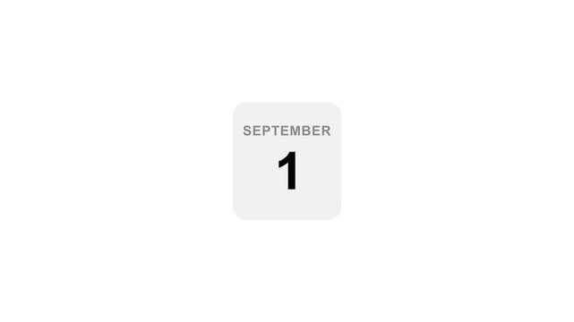 Calendar date animation, September 1 new month reveal on transparent background. New month calendar animation in 4K with Alpha Channel
