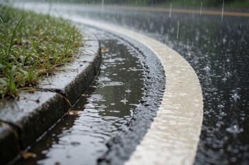 Fototapeta premium A close-up view of a curved roadside curb during a heavy rainstorm with water pooling on asphalt.