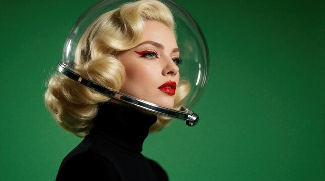 Retro futuristic woman with blonde retro hairstyle wears glass helmet and bold red makeup. She poses against solid green background, exuding stylish, glamorous, sci-fi aesthetic and vintage charm.