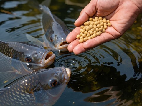 A person hand-feeding several fish in a pond with small round food pellets at the water surface.