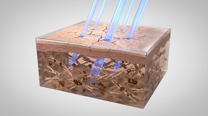 Fototapeta premium A 3D cross-section illustration showing blue light rays penetrating dry, textured skin layers.