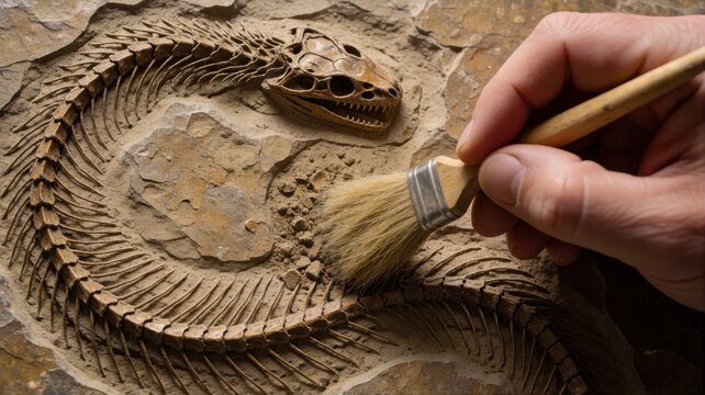 A close-up view of a hand cleaning an ancient snake fossil skeleton with a small wooden brush.