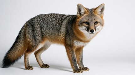 Naklejka premium Gray fox stands on white background. Wild mammal with thick fur looks at camera in studio. Cute predator animal poses for portrait. Grey fox fur texture shows detail of canine species isolated on
