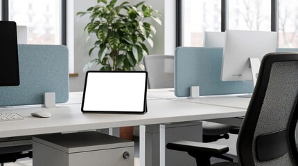 Fototapeta premium Blank digital tablet on white office desk with modern workstation setup. Minimalist workspace features light blue dividers, green plant, ergonomic chair. Clean corporate interior with bright natural