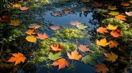Naklejka premium Colorful autumn maple leaves float on still wetland water surface. Green algae, moss grow in calm pond. Natural texture of organic plant matter in lake ecosystem during fall season. Autumn foliage