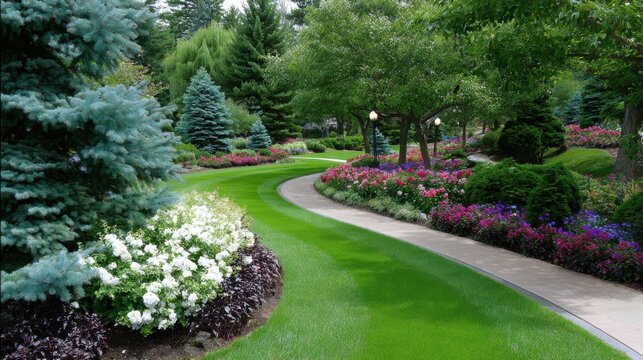 Green path winds through bright flower beds in a public park during a sunny day