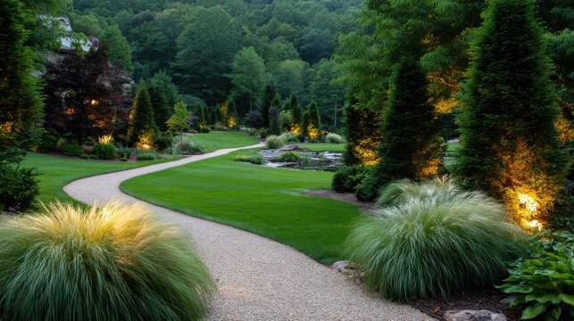 Garden pathway winds through trees and lights at dusk in a well-kept landscape with grass and stone