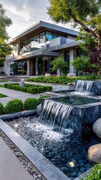 Water feature and plants with modern house in a garden during daytime in a residential area