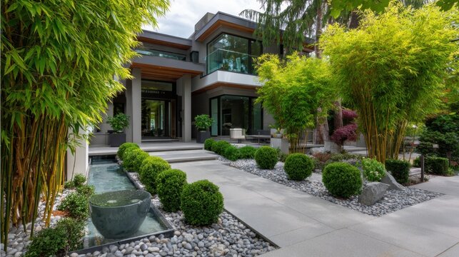Modern house exterior with stone walkway and greenery in a suburban area during the daytime