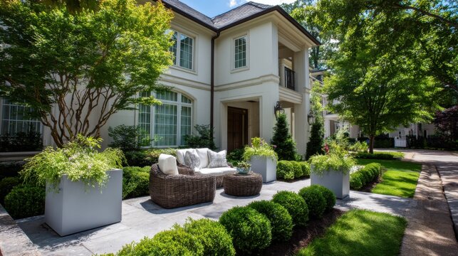 Beautiful house with garden and seating area in a residential neighborhood during the daytime