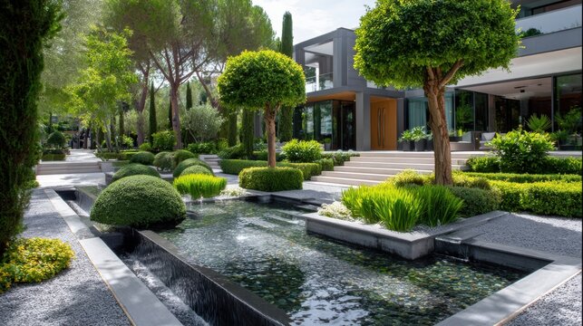 Garden scene with modern house, water features, and neatly trimmed bushes at midday in an outdoor space