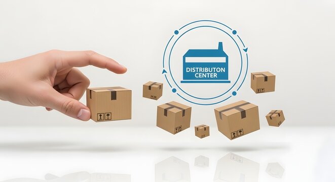 Hand Managing Digital Logistics and Distribution Center with Floating Cardboard Packages for E-commerce Supply Chain