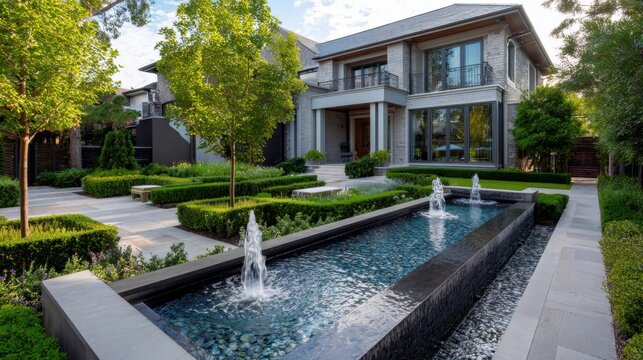 Modern house with garden and water features in a residential area during daytime