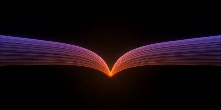 Vibrant neon glowing abstract lines in purple orange and pink converging sharply against a dark background, perfect for digital technology backgrounds and web design.