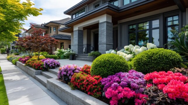 Bright flowers line the walkway of a modern house in a suburban neighborhood during a sunny day