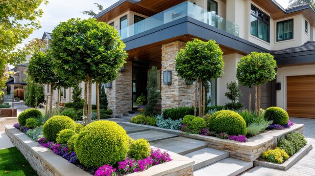 Beautiful landscape design with shrubs and flowers in front of a modern house during daytime