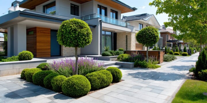 Beautiful houses with green gardens and walkways in a residential area on a sunny day