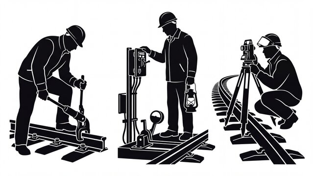 Silhouettes of railway workers performing track maintenance and surveying illustrating essential tasks in rail infrastructure development
