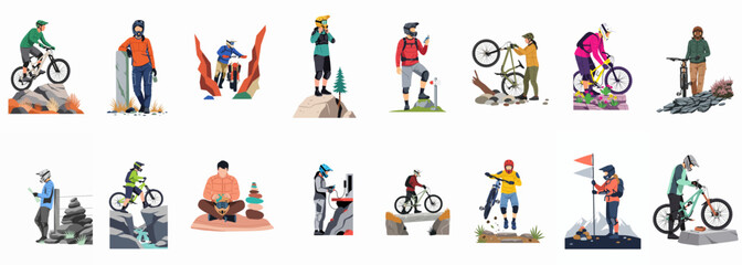 Fototapeta premium Collection of Flat Vector Illustrations Featuring Mountain Bikers and Hikers in Various Outdoor Landscapes and Active Scenarios