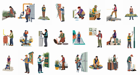 Fototapeta premium Diverse illustrations of people performing various outdoor tasks, manual labor, utility maintenance, and environmental work on a white background.